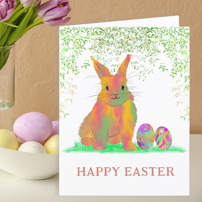 Watercolor Cute Easter Bunny & Eggs Holiday Card (Happy Easter bunny and colorful eggs watercolor folded holiday card)