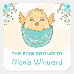Watercolor Cute Easter Chick Kids Bookplate Square Sticker