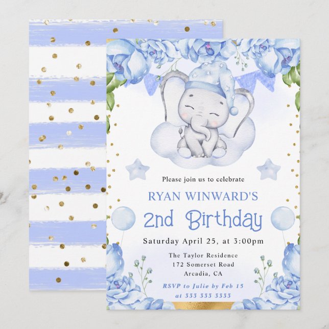 Watercolor Cute Elephant and Blue Roses Birthday Invitation (Front/Back)