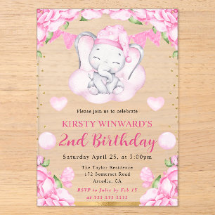 Watercolor Cute Elephant and Pink Roses Birthday Acrylic Invitations
