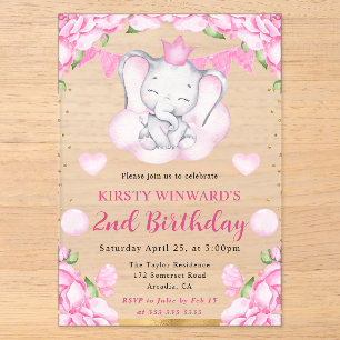 Watercolor Cute Elephant and Pink Roses Birthday Acrylic Invitations