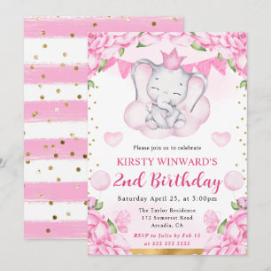 Watercolor Cute Elephant and Pink Roses Birthday Invitation