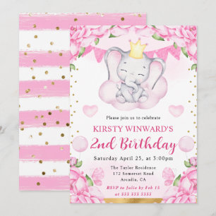 Watercolor Cute Elephant and Pink Roses Birthday Invitation