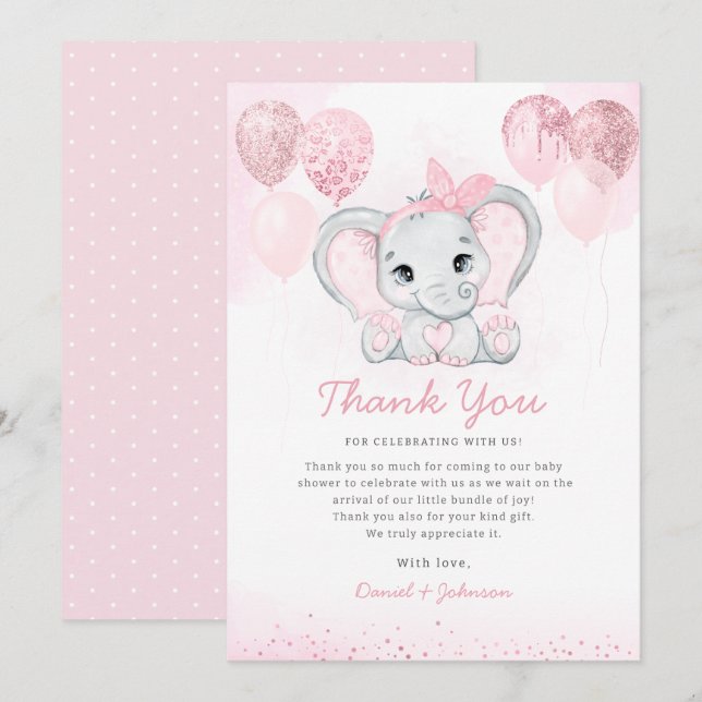  Watercolor Cute Elephant Baby Shower Thank You  Invitation (Front/Back)