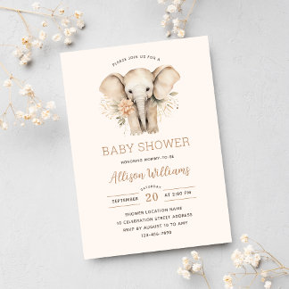 Watercolor Cute Elephant Floral Girl Baby Shower  Invitation