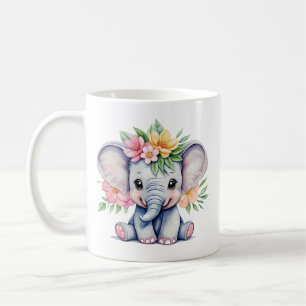 Watercolor Cute Elephant with flowers Coffee Mug