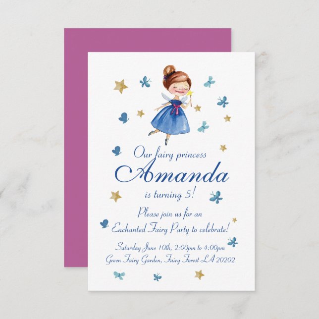 Watercolor CUTE Fairy Princess Butterfly Birthday Invitation (Front/Back)