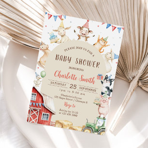 Watercolor Cute Farm Animals Barnyard Baby Shower Invitation