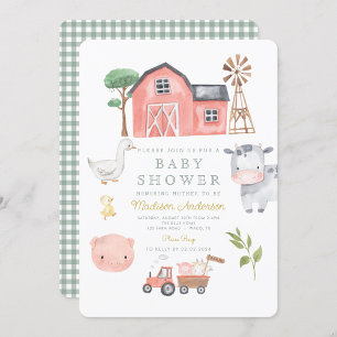 Watercolor Cute Farm Animals Barnyard Baby Shower Invitation