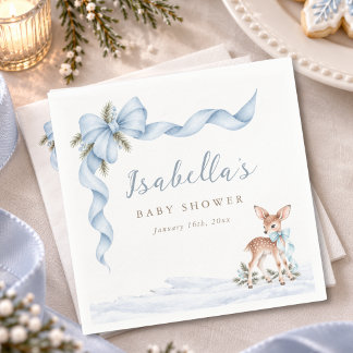 Watercolor Cute Fawn Dusty Blue Bow Baby Shower Napkin