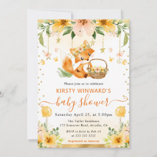 Watercolor Cute Floral Baby Fox Baby Shower Invitation
