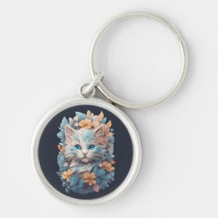 Watercolor Cute Floral Cat Splash Key Ring