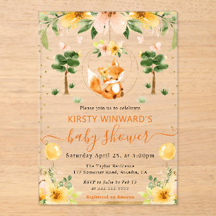 Watercolor Cute Floral Fox Baby Shower Acrylic Invitations