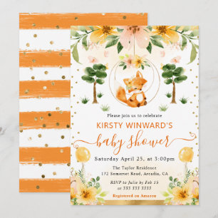 Watercolor Cute Floral Fox Baby Shower Invitation