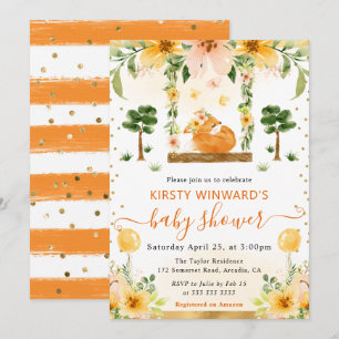 Watercolor Cute Floral Fox Baby Shower Invitation