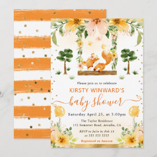 Watercolor Cute Floral Fox Baby Shower Invitation