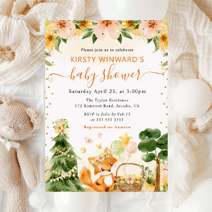 Watercolor Cute Floral Fox Baby Shower Invitation
