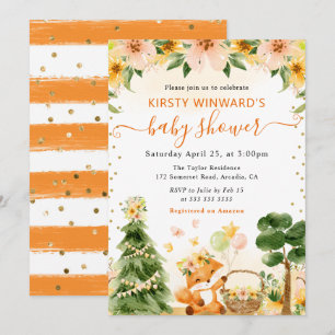 Watercolor Cute Floral Fox Baby Shower Invitation