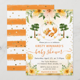 Watercolor Cute Floral Fox Baby Shower Invitation
