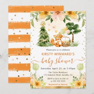 Watercolor Cute Floral Fox Baby Shower Invitation