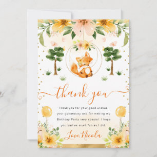 Watercolor Cute Floral Fox Birthday Thank You Card