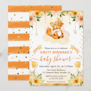 Watercolor Cute Floral Fox on Cloud Baby Shower Invitation