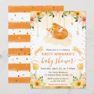 Watercolor Cute Floral Fox on Cloud Baby Shower Invitation
