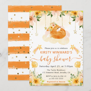 Watercolor Cute Floral Fox on Cloud Baby Shower Invitation