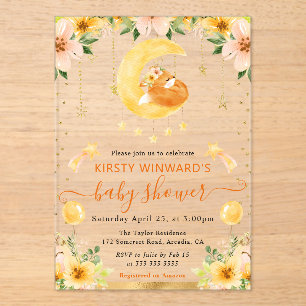 Watercolor Cute Floral Fox on Moon Baby Shower Acrylic Invitations