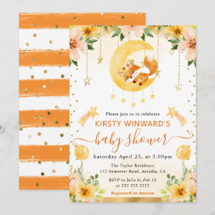 Watercolor Cute Floral Fox on Moon Baby Shower Invitation