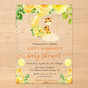 Watercolor Cute Floral Giraffe Baby Shower Acrylic Invitations