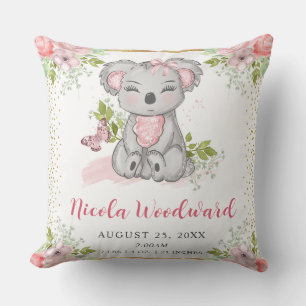 Watercolor Cute Floral Koala Baby Birth Stats Cushion