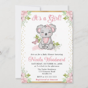 Watercolor Cute Floral Koala Girl Baby Shower Invitation