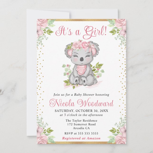 Watercolor Cute Floral Koala Girl Baby Shower Invitation (Front)
