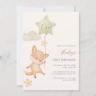 Watercolor Cute Fox Flying Balloon First Birthday Invitation