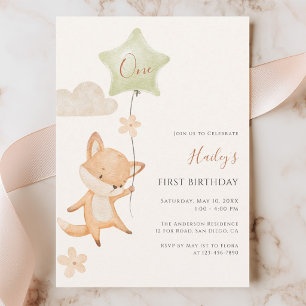 Watercolor Cute Fox Flying Balloon First Birthday Invitation