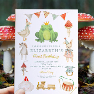 Watercolor Cute Frog Toys Cottage First Birthday Invitation