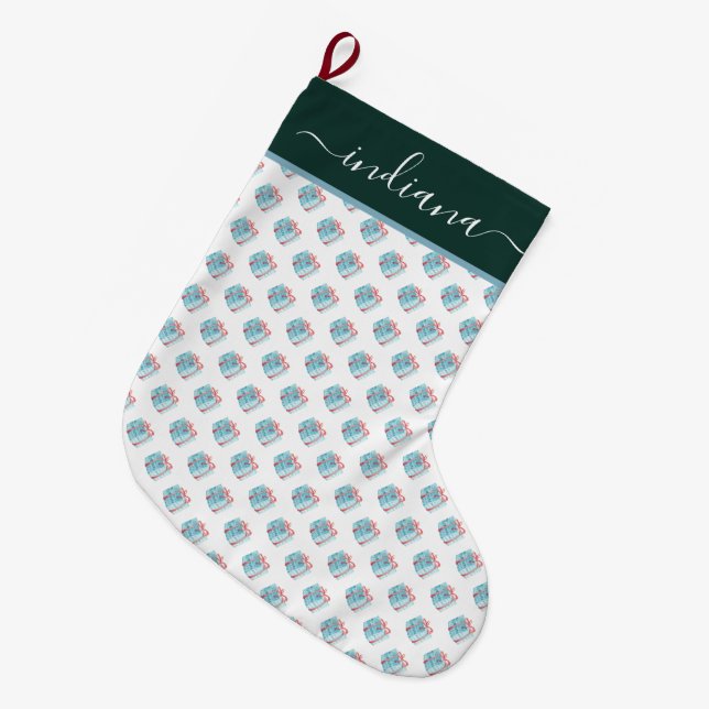 Watercolor Cute Gift-Wrap Pattern Large Christmas Stocking (Front (Hanging))