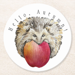 Watercolor cute hedgehog and apple stone coaster