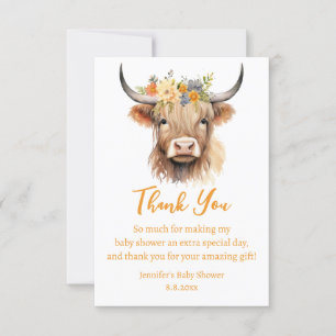 watercolor cute highland cow calf baby shower thank you card