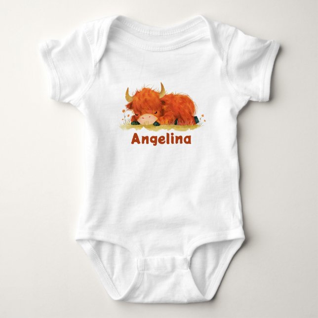Watercolor Cute Highland Cow with Name Western Baby Bodysuit (Front)