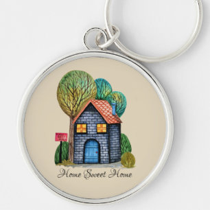 Watercolor Cute Home Sweet Home Art Key Ring