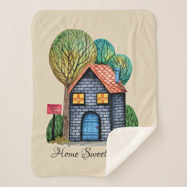 Watercolor Cute Home Sweet Home Art Sherpa Blanket (Front)