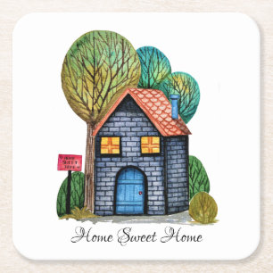 Watercolor Cute Home Sweet Home Art Square Paper Coaster