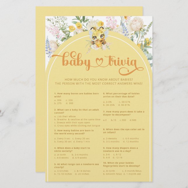 Watercolor Cute Honey Bee Baby Trivia Game (Front/Back)