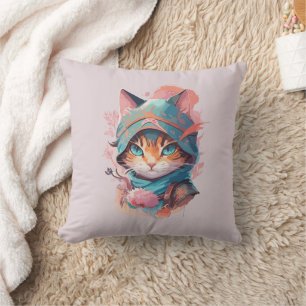 Watercolor Cute Hooded Ninja Cat Cushion