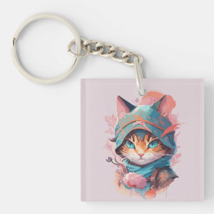 Watercolor Cute Hooded Ninja Cat Key Ring