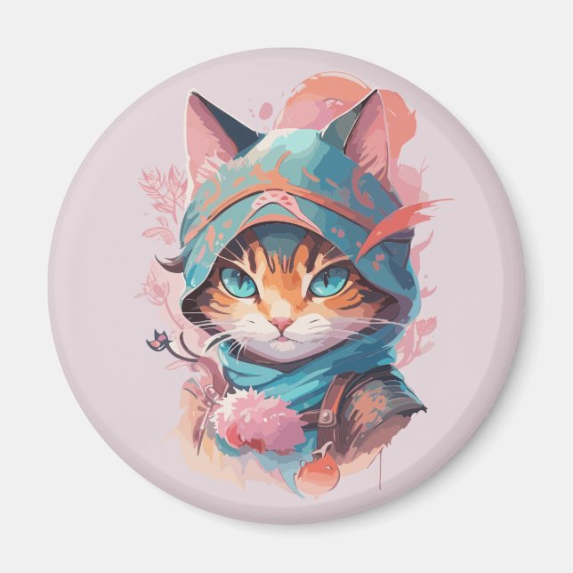 Watercolor Cute Hooded Ninja Cat Magnet (Front)