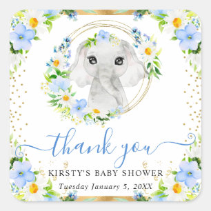 Watercolor Cute Jungle Elephant Floral Baby Shower Square Sticker