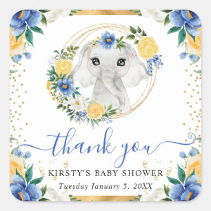 Watercolor Cute Jungle Elephant Floral Baby Shower Square Sticker